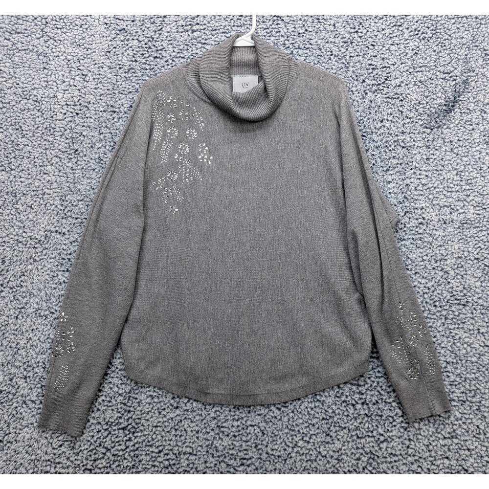 Liv Milano Floral Rhinestone Turtleneck Sweater Size L Cottage Knit Preppy Gray